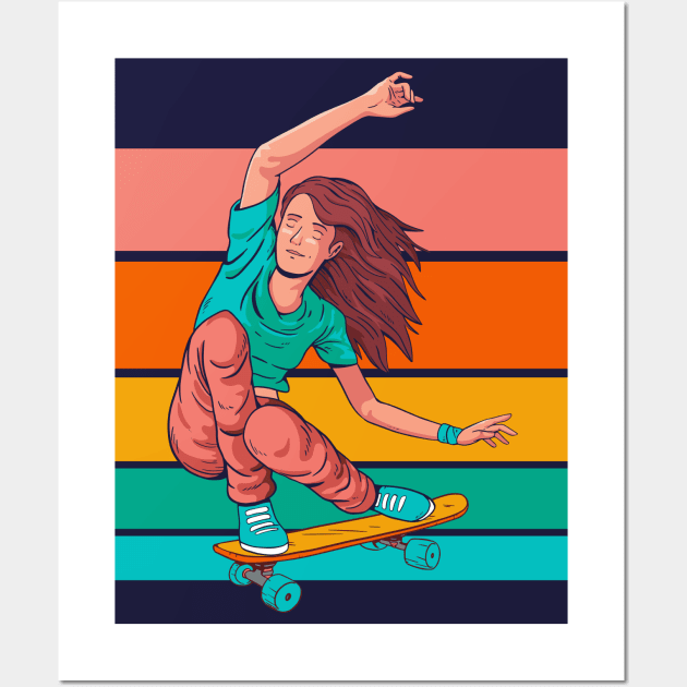 Retro Skater Girl Illustration // Vintage Skateboarding Sk8 or Die Wall Art by SLAG_Creative